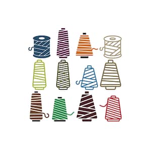 以下が含まれることがあります： さまざまな形とサイズの12個のカラフルな糸巻きのイラスト。糸巻きは、青、紫、オレンジ、ベージュ、緑、茶色、赤の色合いです。画像は白い背景のフラットイラストです。
