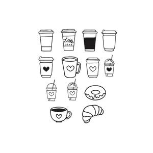 以下が含まれることがあります： コーヒーカップ、マグカップ、ペストリーの白黒線画イラスト。ハート付きのコーヒーカップのデザイン、"Latte Love"というテキスト、ドーナツとクロワッサンが含まれています。