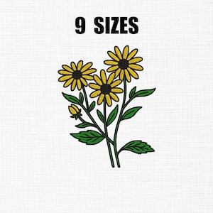 May include: An embroidered floral design featuring three yellow sunflowers with black centers, green leaves, and stems. The text "9 SIZES" is displayed above the flowers in bold, black letters. The design is set against a white background.
