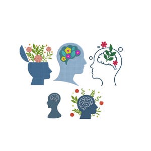 Puede incluir: Cinco diseños bordados con siluetas de cabezas humanas. Uno muestra una cabeza abierta con flores, otro un cerebro con flores, una cabeza de línea con un cerebro y una planta, una cabeza pequeña sólida con un cerebro y una cabeza con un cerebro y follaje.