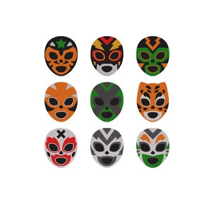 May include: A collection of nine lucha libre wrestling masks arranged in a three-by-three grid. Each mask features distinct color combinations including orange, green, black, red, white, and grey, with various geometric patterns and eye cutouts.