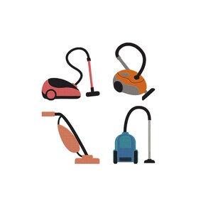 May include: Four cartoon illustrations of vacuum cleaners in various colors. The vacuums include a red and black canister vacuum, an orange and gray canister vacuum, a tan upright vacuum, and a blue canister vacuum.