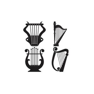 May include: A collection of four black silhouettes of stringed musical instruments. The set includes two distinct lyres with curved frames and vertical strings, alongside two harps featuring angled bodies and multiple parallel strings.