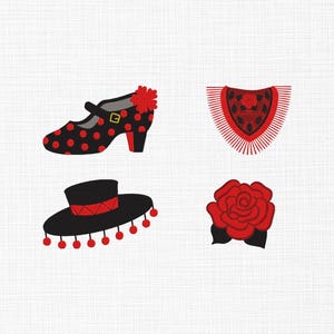 Puede incluir: Ilustración de cuatro elementos de temática española. Un zapato negro con lunares rojos y una flor roja, un chal rojo y negro, un sombrero negro con ribete rojo y pompones rojos, y una rosa roja con hojas negras.