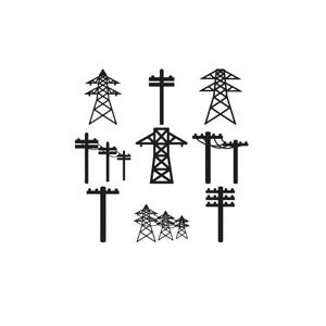 Puede incluir: Una colección de nueve iconos gráficos negros que representan diversos elementos de infraestructura eléctrica, incluyendo torres de transmisión de celosía, postes de servicios públicos de madera con crucetas y líneas eléctricas en una cuadrícula.