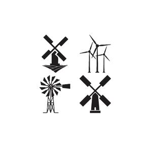 May include: A set of four black graphic icons arranged in a grid. The top left shows a traditional windmill, the top right features three modern wind turbines, the bottom left displays a farm windmill, and the bottom right depicts a stone windmill.