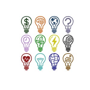 May include: A collection of twelve colorful lightbulb illustrations, each with a unique icon inside. The icons include a dollar sign, brain, globe, question mark, clock, plant, lightning bolt, gears, heart, lightbulb, puzzle, and a graph.