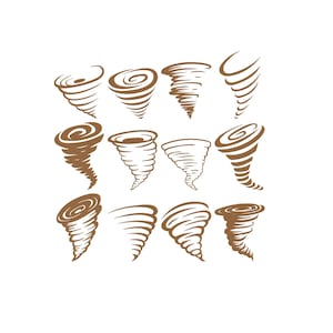 May include: A collection of twelve brown tornado illustrations on a white background. The twisters vary in shape and size, with swirling lines and pointed bases, suitable for weather-related designs or educational materials.