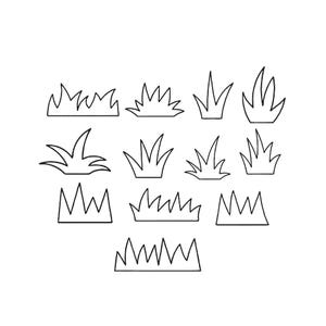 Puede incluir: Ilustraciones de hierba estilizadas en contorno negro sobre fondo blanco. Los diseños muestran diversas formas y disposiciones de hojas de hierba, adecuadas para diseño gráfico o fines decorativos, con un estilo minimalista.