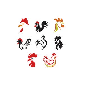 Può includere: Una collezione di otto icone stilizzate di galli e galline disposte in una griglia. I disegni presentano linee minimaliste nere, rosse, arancioni e gialle che raffigurano vari profili di teste e sagome di pollame in movimento.
