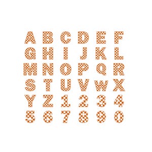 May include: A complete alphabet and number set, featuring letters A through Z and numbers 1 through 0. Each character has a brown and white checkered pattern, perfect for crafting or educational projects.