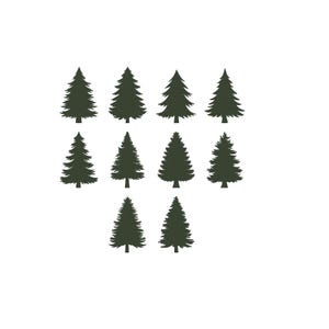 以下が含まれることがあります： 白い背景に配置された、10個の濃い緑色のクリスマスツリーのシルエット。木は形や大きさがわずかに異なり、視覚的に面白いパターンを形成しています。ホリデーテーマのクラフトやデザインに最適です。