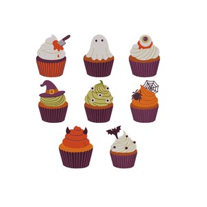 May include: A collection of eight embroidered cupcake designs featuring Halloween themes, including a ghost, a spider with a web, a witch hat, a knife, an eyeball, devil horns, and a bat, all rendered in orange, purple, green, and white thread.