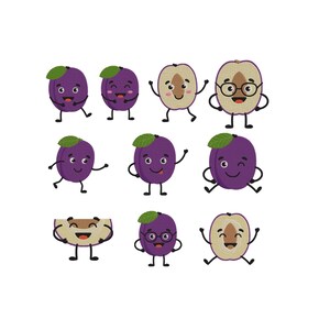 May include: A collection of cartoon plums with smiling faces, green leaves, and black limbs. Some plums are whole, while others are sliced, revealing the pit. The plums are various shades of purple and tan, with some wearing glasses.