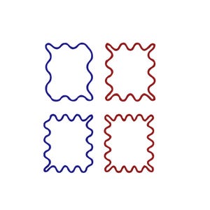 May include: Four square shapes with wavy edges. Two are outlined in dark blue, and two are outlined in red. All four shapes are on a white background.