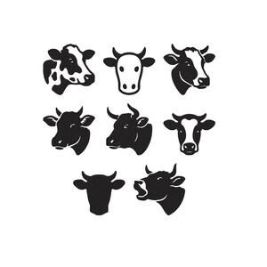 Puede incluir: Una colección de ocho siluetas distintas de cabezas de vaca en blanco y negro dispuestas en una cuadrícula. Cada icono muestra una expresión o orientación diferente, con diversas formas de cuernos, posiciones de orejas y patrones de manchas.