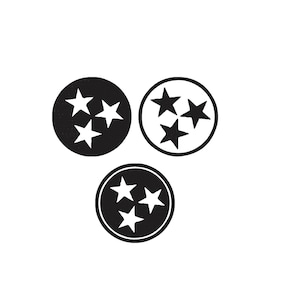 May include: Three circular emblems featuring a trio of stars. The top left emblem is black with white stars, the top right is white with black stars, and the bottom emblem is black with a white circular border and three white stars inside.