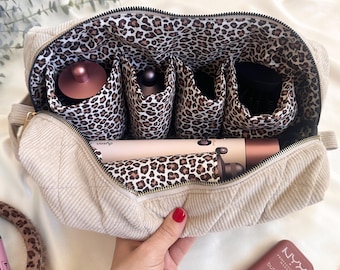 Estuche Dyson Airwrap, organizador de herramientas para el cabello de pana beige con 6 bolsillos, interior con estampado de leopardo, bolsa de viaje Shark FlexStyle