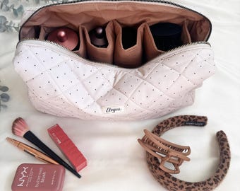 Quilted Polka Dot Vanity Bag – Multi-Pocket Beauty & Hair Tool Organizer