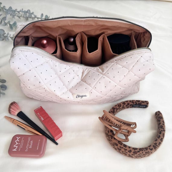 Quilted Polka Dot Vanity Bag – Multi-Pocket Beauty & Hair Tool Organizer