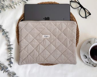 Housse pour iPad en velours côtelé matelassé, étui pour tablette en velours beige, fait main