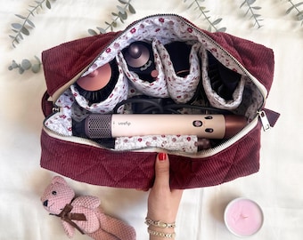 Burgundy Quilted Corduroy Hair Tool Organizer, Floral Lined Travel Case, Padded Storage Bag