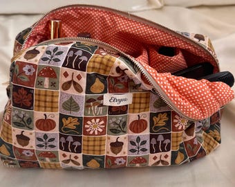Woodland Floral Quilted Travel Pouch – Handmade Rustic Hair Tool Organizer – Cozy Autumn Garden Style