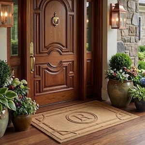 May include: A welcoming entryway featuring a richly stained wooden door with decorative panels and a brass door knocker. A tan doormat with a monogram sits in front of the door. Potted plants and lanterns flank the entrance, creating a warm, inviting atmosphere.