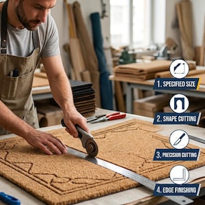 May include: A person using a rotary cutter and a long metal ruler to trim a rectangular brown coir doormat. The image includes four circular icons labelled 1. SPECIFIED SIZE, 2. SHAPE CUTTING, 3. PRECISION CUTTING, and 4. EDGE FINISHING.