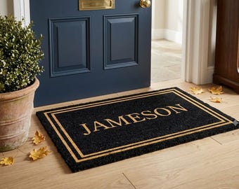 Custom Black Entryway Mat, Personalized Family Name Doormat, Modern Black Welcome Rug, Last Name Door Mat Gift 3D Carving