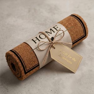 May include: Rolled brown doormat with black border, wrapped with a cream-colored band that reads "HOME" with a heart. A gift tag tied with twine reads "A Gift for the Andersons."