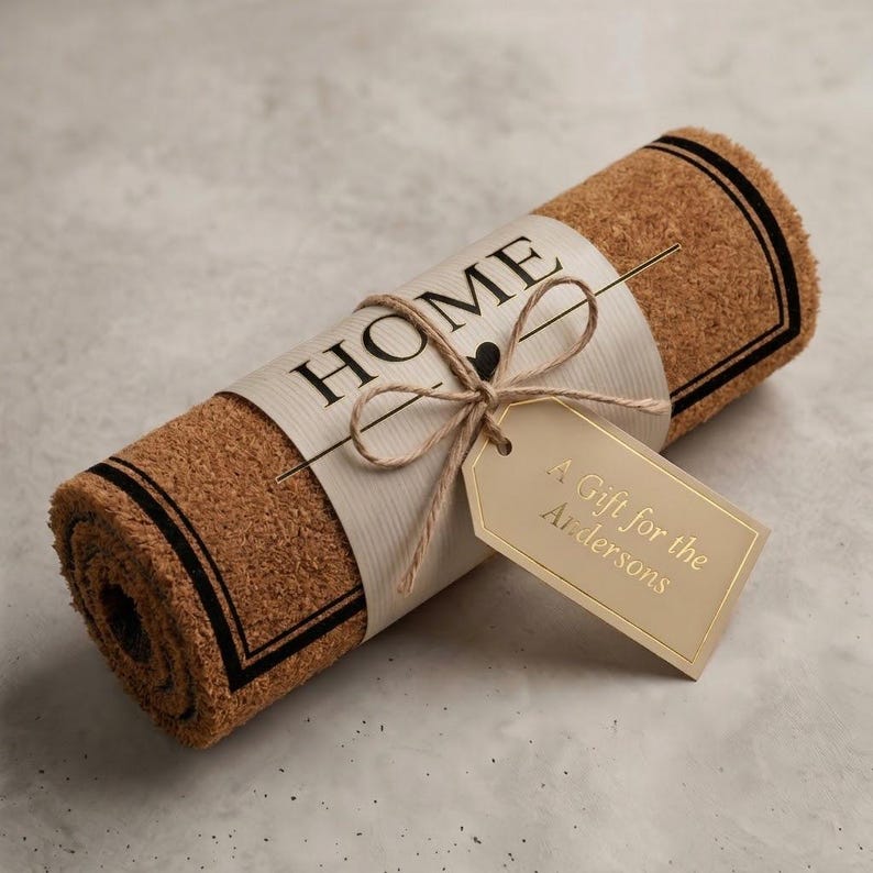May include: Rolled brown doormat with black border, wrapped with a cream-colored band that reads "HOME" with a heart. A gift tag tied with twine reads "A Gift for the Andersons."