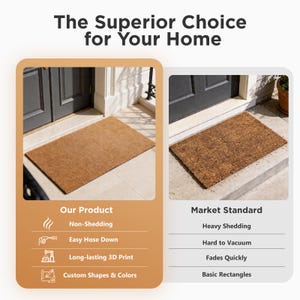 May include: Two rectangular brown doormats are displayed, one labeled "Our Product" and the other "Market Standard." The text "The Superior Choice for Your Home" is at the top. Features include non-shedding, easy to clean, and custom shapes.