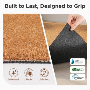 May include: A brown doormat with a black backing is shown. The text "Built to Last, Designed to Grip" is at the top. Icons indicate the mat is waterproof, sturdy, and colorfast. The mat is made of natural fibers.