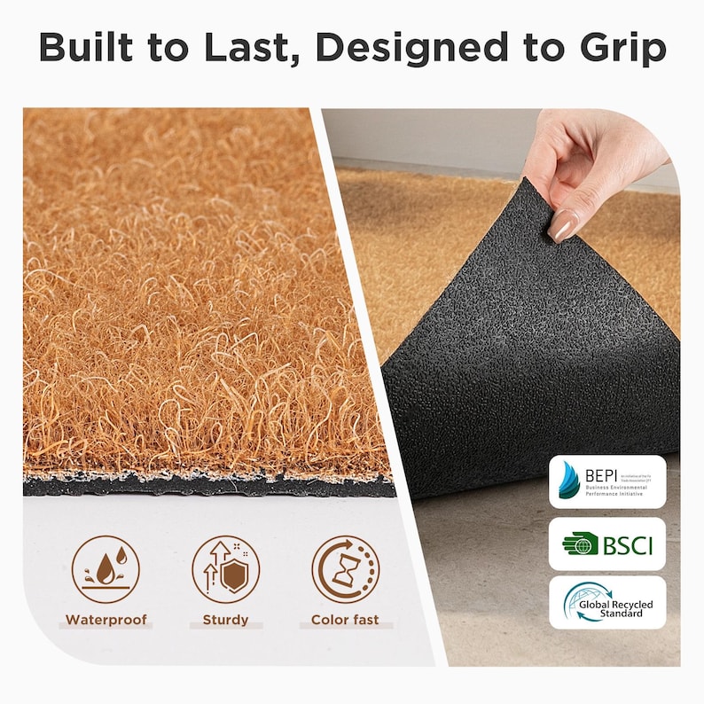 May include: A brown doormat with a black backing is shown. The text "Built to Last, Designed to Grip" is at the top. Icons indicate the mat is waterproof, sturdy, and colorfast. The mat is made of natural fibers.