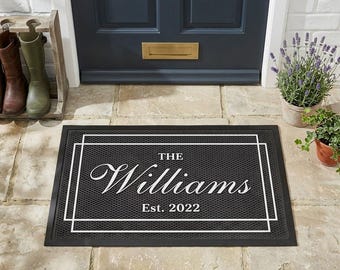 Personalized Modern Black Doormat, Custom Family Name Rug, Entryway Welcome Mat, Unique Housewarming Gift Elastic nylon mesh
