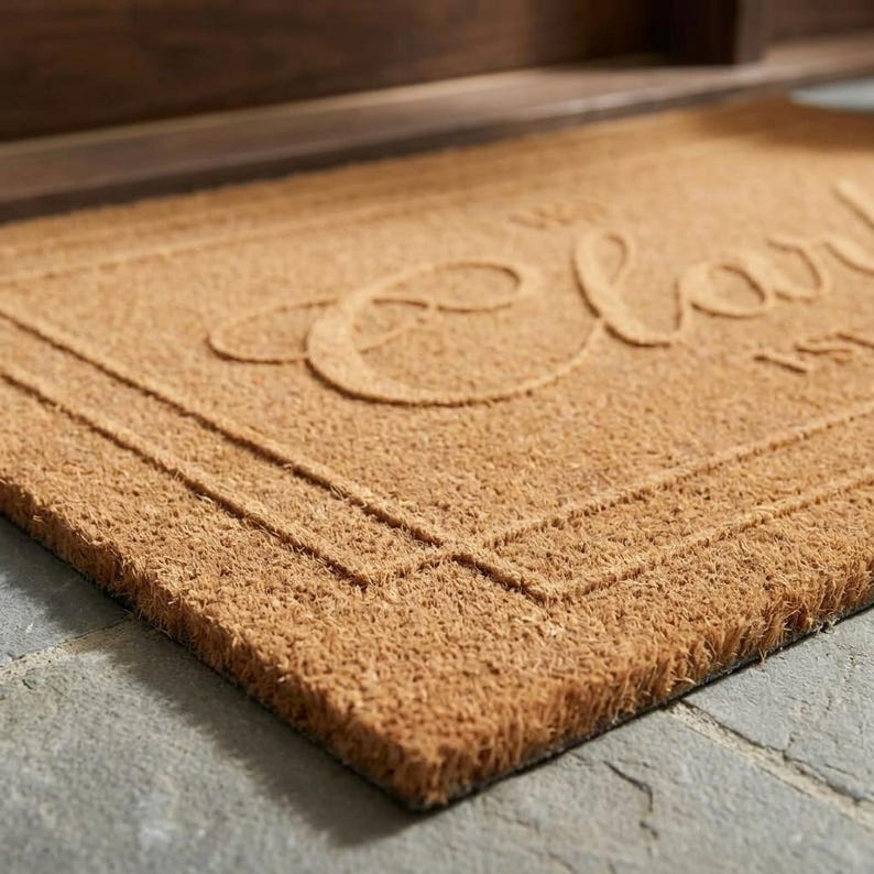 May include: A rectangular doormat made of natural coir fibers. The mat is a light brown color with a raised border and the name "Clark" in a cursive font. The mat is placed on a gray stone surface.