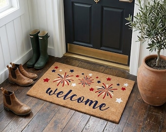 Fireworks Doormat Summer, Front Door Mat for Fourth of July, Summer Porch Decor, Red White Blue Decor,3DCarved Front Door Rug