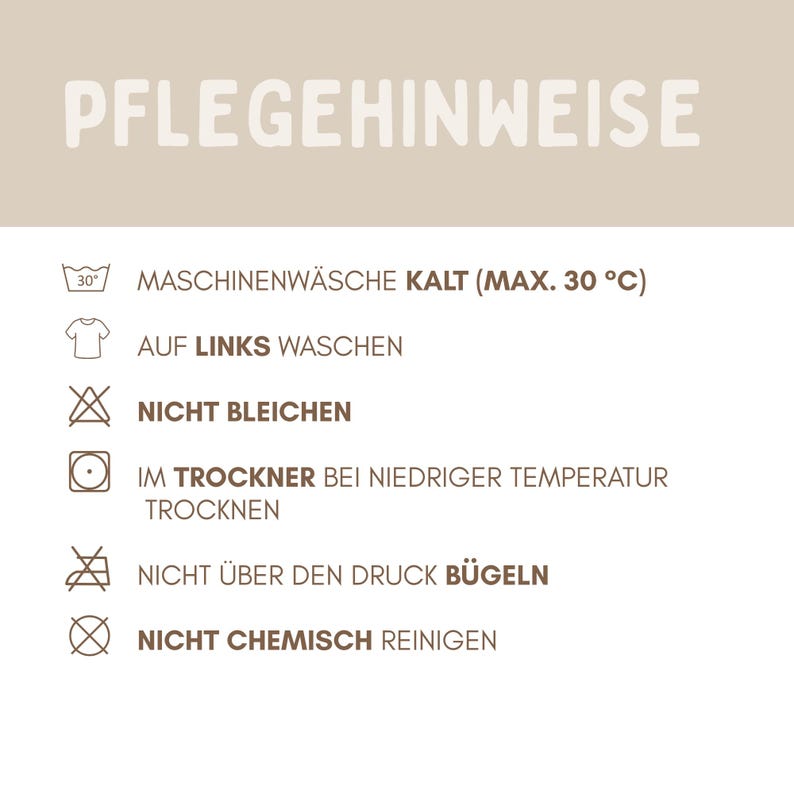 K&ouml;nnte beinhalten: Eine beige Infografik mit der &Uuml;berschrift PFLEGEHINWEISE, die sechs Textilpflegesymbole und Anweisungen enth&auml;lt. Die Symbole zeigen eine Waschmaschine, ein T-Shirt, ein durchgestrichenes Bleichdreieck, einen Trocknerkreis, ein durchgestrichenes B&uuml;geleisen und einen durchgestrichenen Kreis.