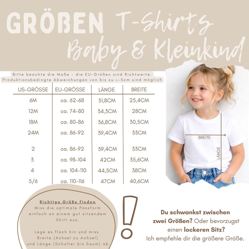 K&ouml;nnte beinhalten: Eine Gr&ouml;&szlig;entabelle f&uuml;r Baby- und Kleinkind-T-Shirts mit Spalten f&uuml;r US-Gr&ouml;&szlig;e, EU-Gr&ouml;&szlig;e, L&auml;nge und Breite in Zentimetern. Die Tabelle enth&auml;lt Ma&szlig;e von 6M bis 5/6. Text: GR&Ouml;BEN T-SHIRTS Baby & Kleinkind sowie weitere Anweisungen.