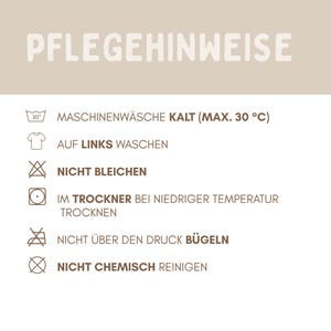 May include: A beige informational graphic titled PFLEGEHINWEISE featuring six laundry care icons and text instructions. The icons include a washing machine symbol, a t-shirt, a crossed-out bleach triangle, a dryer circle, a crossed-out iron, and a crossed-out circle.
