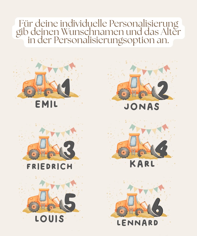 K&ouml;nnte beinhalten: Eine digitale Grafik mit sechs orangefarbenen Baustellenfahrzeugen, jeweils kombiniert mit einer gro&szlig;en schwarzen Zahl von eins bis sechs und einem Namen: Emil, Jonas, Friedrich, Karl, Louis und Lennard. Oben steht der Text: F&uuml;r deine individuelle Personalisierung gib deinen Wunschnamen und das Alter in der Personalisierungoption an.