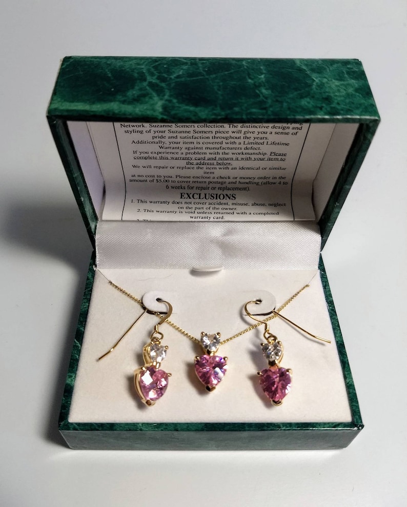 Pink Pink CZ Gold Tone Necklace Earrings in Box heart Shaped Stones Vintage Suzanne Somers Jewelry Set