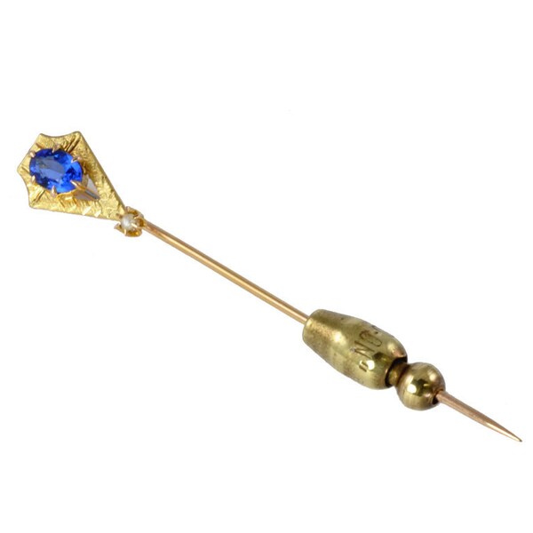 Vintage Art Deco Stick Pin - 10kt Gold Pearl and Sapphire Glass Tie Pin - C1920s - Gift for Dad or Groom - Vintage Tie Pin, Vintage 10K Gold