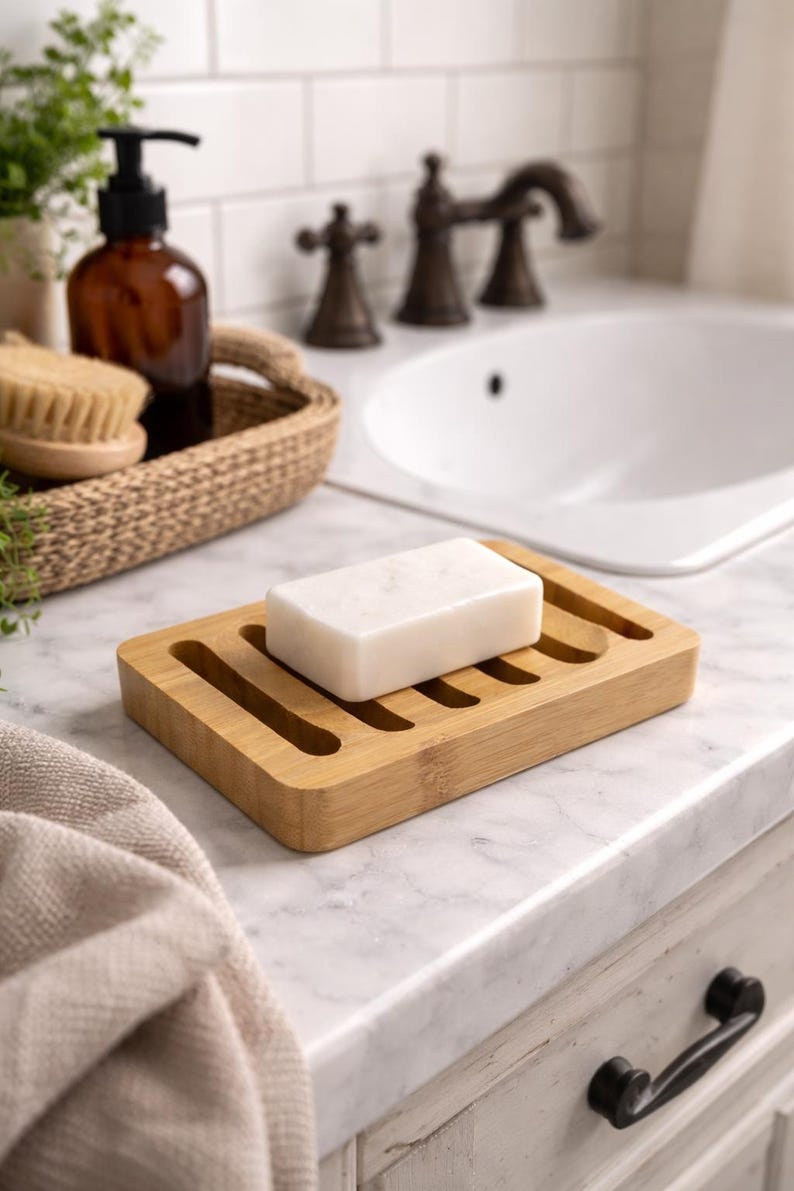 May include: A rectangular bamboo soap dish with a white bar of soap. The dish has several parallel slots for drainage. The bathroom setting includes a sink, faucet, and a brown bottle of soap.
