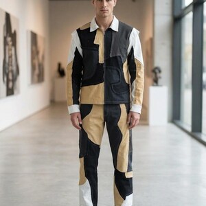 Patchwork Denim Set Raw Edge Colorblock Denim Jacket and Pants Two Piece Outfit Avant Garde Streetwear Festival Suit Custom Unisex Set