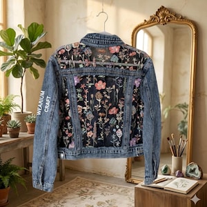 ボヘミアン風花柄刺繍デニムジャケット（レディース） - ヴィンテージメッシュパッチワークジーンズコート - 美しい花柄レースのトラッカージャケット、ウエスタンデニムウェア