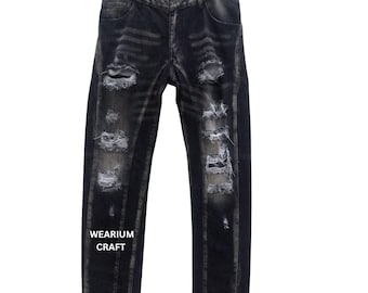 Herren Distressed Schwarze Jeans, zerrissene Streetwear Denim Hose, Vintage Washed Biker Jeans, Gothic Fashion Hose