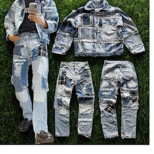 May include: A denim jacket and two pairs of jeans, all featuring a patchwork design with various shades of blue denim and plaid accents. The text "WEARIUM CRAFT" is visible on the clothing. The items are displayed on a green grassy surface.