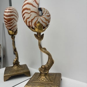May include: A nautilus shell with brown and white stripes mounted on a gold-toned metal stand. The stand features a square base with ornate engravings, a central column shaped like a fish, and a top holder designed as a stylized leaf structure.